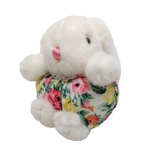Yanjee Bunny Rabbit White Plush Stuffed Animal Floral fabric body 6" Easter